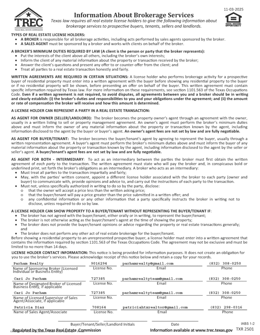 Texas real estate brokerage services information form