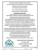 A picture of the back cover of a trec complaint.