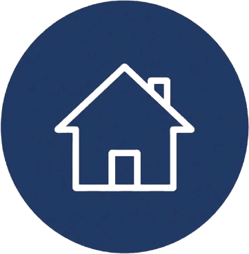White house icon within a dark blue circle.