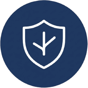 Shield icon with branch design in white.