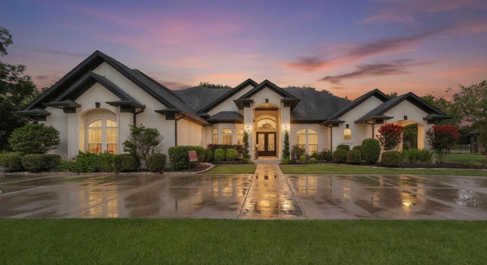 Elegant house with landscaped front yard.